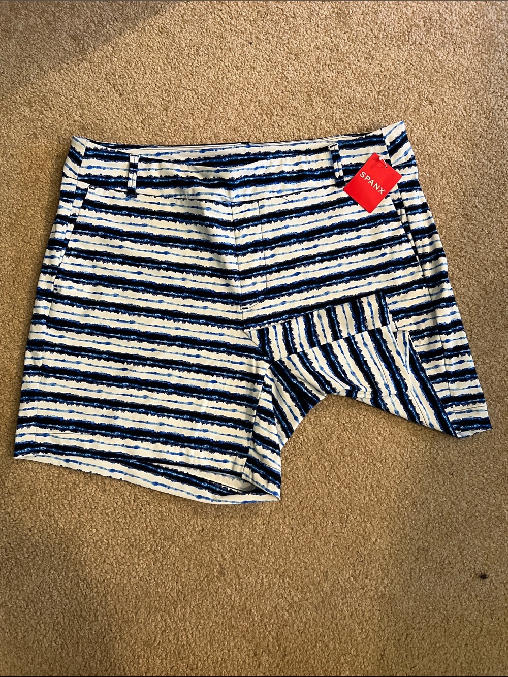 SPANX Navy and White Striped Shorts